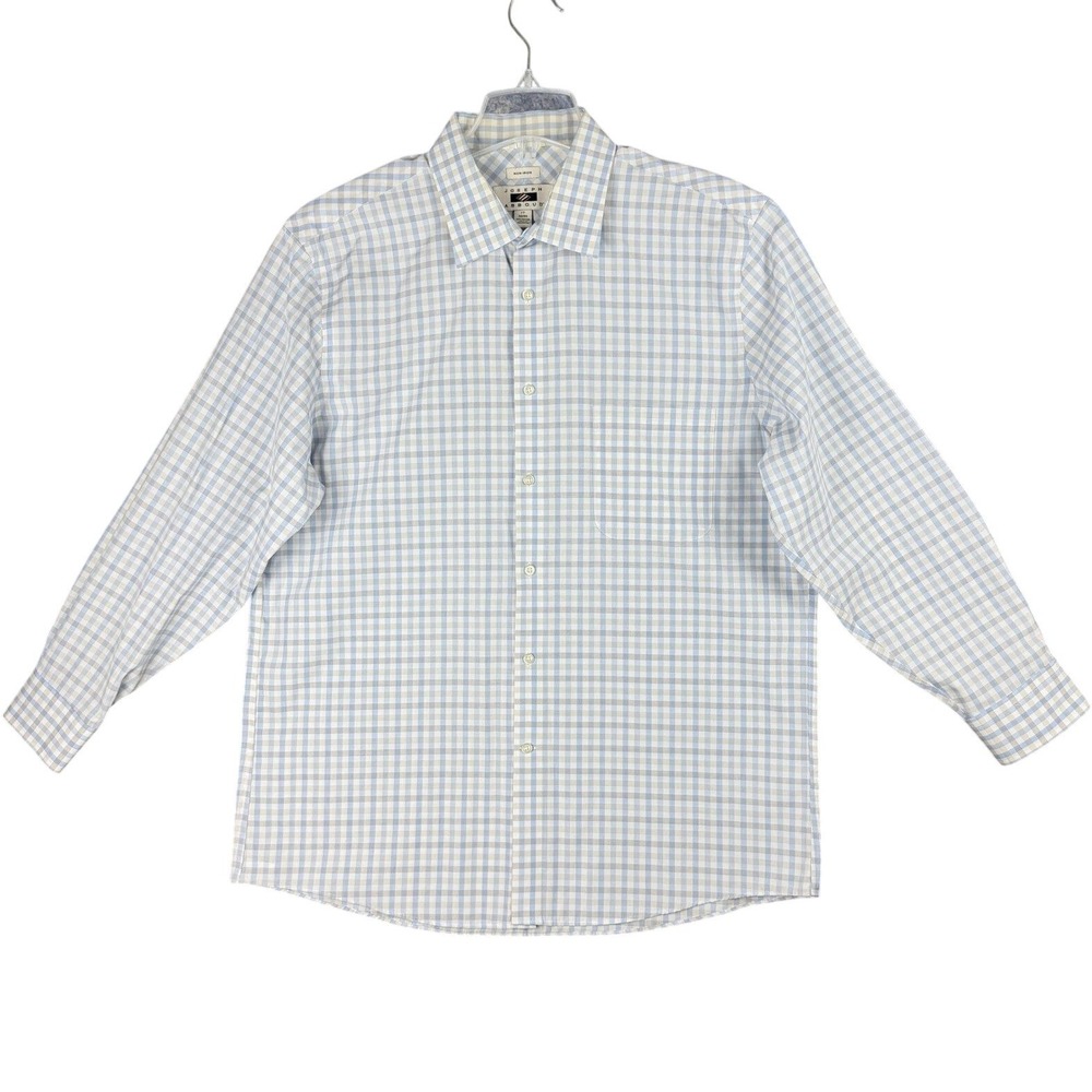 Joseph Abboud Men's 17 32/33 Blue Tan Plaid Non-Iron Cotton Dress Work Shirt